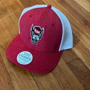 NC State University red and white trucker hat